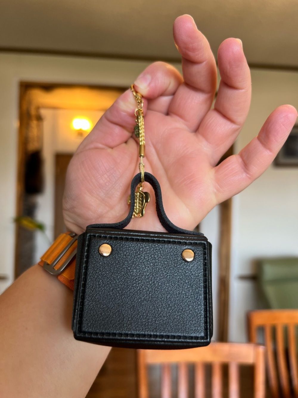 Black Mini Leather Box Bag Keychain with Gold Turtle Charm - Picture 6 of 6